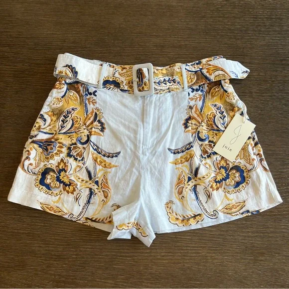 JOIE 100% Linen belted shorts, powder blue, bohemian floral print, size M NWT - Picture 5 of 16